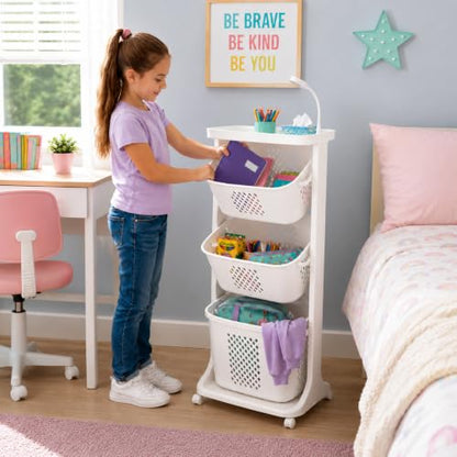 Japard 18 Gal Rolling Laundry Hamper Ultra Slim, Vertical 3 Sorter Cart with Wheels and Breaks, 3-tier Baskets Detachable for Dorm, Closet, Easy Assembly White Gray - size: 3 Tier