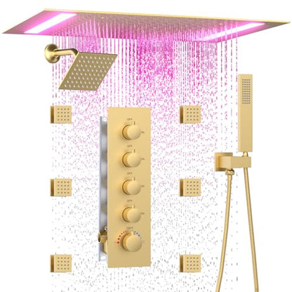 HOMEDEC 14x20inch Ceiling and 6inch Wall Mounted Shower Heads System, 4 Way Thermostatic Diverter Valve Shower Faucets Sets Complete, Brushed Gold - color: Brushed Gold, style: 4-Way + 1x 6" Top