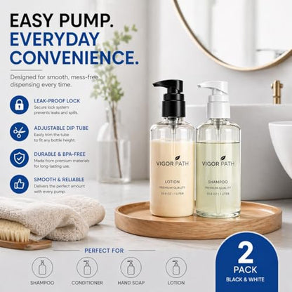 Universal Shampoo & Conditioner Pump, Fits 1L Bottles, 28/410, 2-Pack | Heavy-duty spring-action flow control - color: Black - Pack of 2