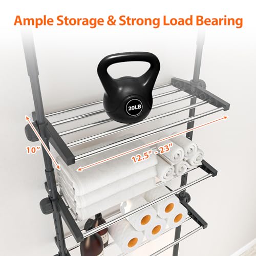 4-Tier Over The Toilet Storage Shelf, 4.5-9.5 FT Adjustable Bathroom Organizer, Heavy Duty Metal Shelves Above Behind Toilet Laundry, Space-Saving Shelving for Small Rooms, No Drill Tenant Friendly - color: Black