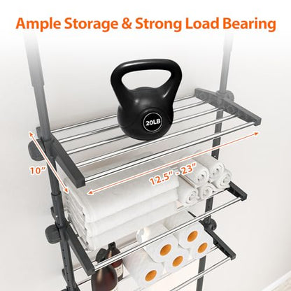 4-Tier Over The Toilet Storage Shelf, 4.5-9.5 FT Adjustable Bathroom Organizer, Heavy Duty Metal Shelves Above Behind Toilet Laundry, Space-Saving Shelving for Small Rooms, No Drill Tenant Friendly - color: Black