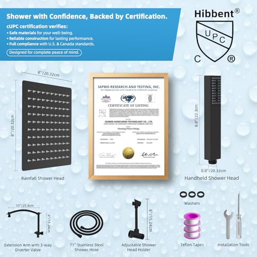 Hibbent All Metal CUPC Certified 8'' Rainfall Shower Head, Dual Shower Head Combo, High Pressure Handheld 4 Sprays Shower Wand, 16'' Adjustable Extension Arm, 71'' Hose, Shower Holder, Matte Black - color: Matte Black, style: Square 8''