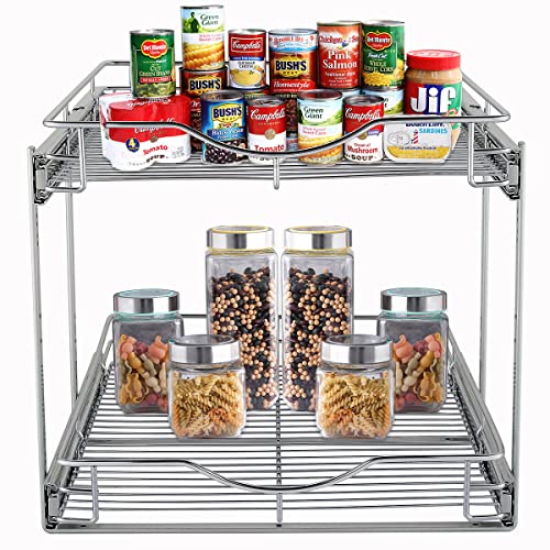 DINDON 2 Tier Pull Out Cabinet Organizer (11" W x 18" D) Heavy-Duty Metal Sliding Drawer Shelf, Two Tier Pull Out Shelves for Kitchen Cabinets, Pantry, Bathroom, Chrome Finish - size: 11" W X 18" D