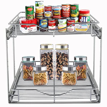 DINDON 2 Tier Pull Out Cabinet Organizer (11" W X 21" D), Double Tier Wire Basket Slide Out Shelf Storage for Kitchen Base Cabinet Organization for Kitchen, Pantry, Bathroom, Chrome - size: 11" W X 21" D