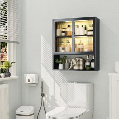Metal Medicine Cabinet with Glass Doors, Space Saver Bathroom Cabinets Wall Mount with 2 Sense Lights, 23.6"W x 27.6"H Restroom Closet, 3-Tier Wall Cabinet for Bathroom Laundry Room Kitchen - color: Black, style: Classic