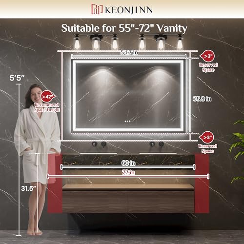Keonjinn 55 x 36 Inch LED Bathroom Mirror with Lights, Bluetooth Speaker | Frontlit & Backlit Bluetooth Mirror Bathroom, 3000K/4500K/6000K, HD Tempered Glass, Dimmable, Fast & Safe Defogging, CRI90+ - size: 36"L x 55"W