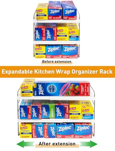 JUPELI Foil and Plastic Wrap Organizer, Expandable Kitchen Pantry Storage, Height Adjustable Cabinet Rack for Kitchen Organization, Aluminum Foil -3 Tier 9.8" to 15.6"L - size: 1 Pack