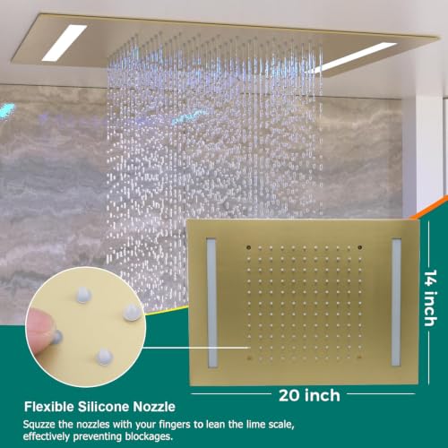 Digital Display Shower Faucet Set Brushed Gold Dual Heads LED Shower System | 14X20" LED Ceiling Shower with Light Remote & 6" Wall Mounted Shower Head & Dual Function Handheld Shower - color: Brushed Gold