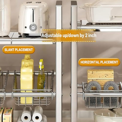 Large Under Sink Organizer 2 Tier Expandable Heavy Stainless Steel Shelf Adjustable Height for Under Kitchen Bathroom Sink Organizers and Storage (Large Size: 4 Panels 4 Storage Baskets) - size: Large size: 4 panels 4 storage baskets