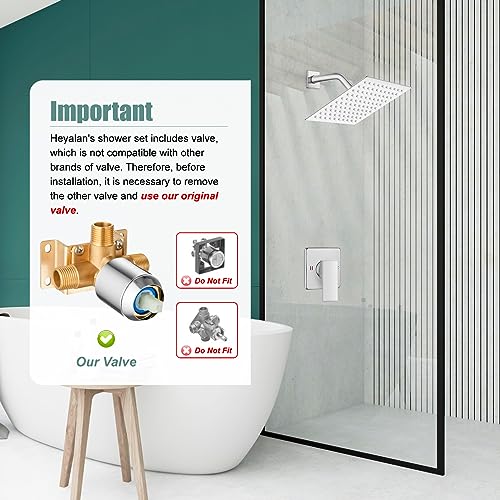 Heyalan 8-Inch Square Rain Shower Faucet Set with Valve, Polished Chrome | SUS304 stainless steel shower head, male NPT 1/2-inch valve, single-handle control, adjustable angle, 1.8 GPM - color: Chrome
