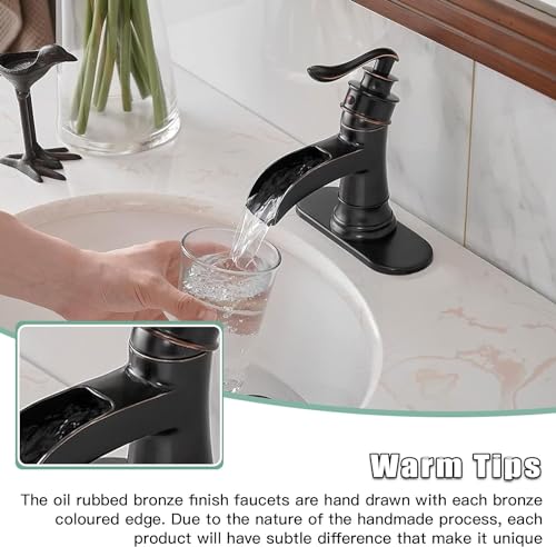 BWE Oil Rubbed Bronze Waterfall Bathroom Faucet, Solid Brass, 1.2 GPM | Waterfall Spout, Ceramic Cartridge, California-Compliant, Fits 1 or 3-Hole Sinks, Handware Included, Single Handle - color: Bronze
