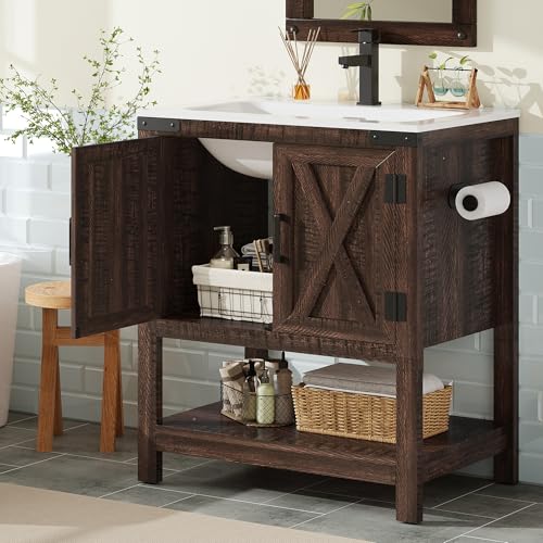 AMERLIFE 24" Brown Farmhouse Bathroom Vanity with Sink and Open Shelf | Rustic Brown, Single Solid White Integrated Top, Moisture-Resistant MDF, Barn Doors, Open Shelf, Paper Towel Holder - color: Rustic Brown, size: 24“