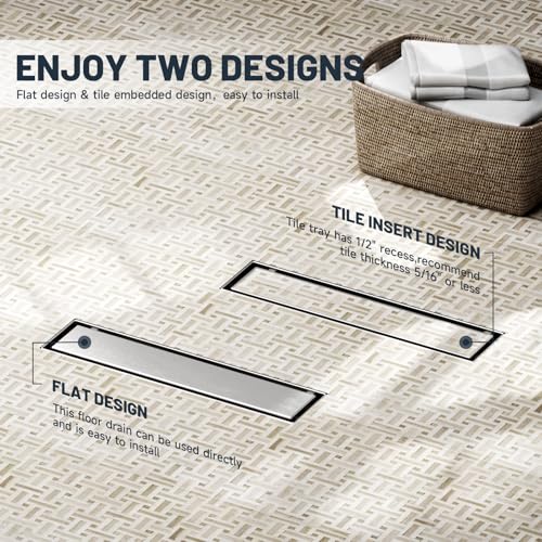 Linear Shower Drain 12 Inch Shower Trench Drain with Tile Insert Grate | Evolvegoods 304 Stainless Steel Bathroom Floor Drain,Rectangular Shower Drain with Leveling Feet,Hair Strainer,Brushed Nickel - size: 12 Inches