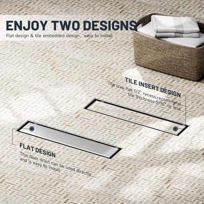 Linear Shower Drain 12 Inch Shower Trench Drain with Tile Insert Grate | Evolvegoods 304 Stainless Steel Bathroom Floor Drain,Rectangular Shower Drain with Leveling Feet,Hair Strainer,Brushed Nickel - size: 12 Inches