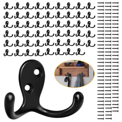 Homanu 54 Pack Coat Hooks, Heavy Duty Double Prong Coat Hooks Wall Mounted with 108 Screws, No Rust Black Metal Wall Hooks for Hanging Towel, Coat, Bag, Hat, Cup, Key - color: 54 Pcs Black