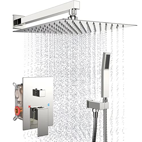 Chrome Rain Shower System Faucet Set with Handheld, 10 inch | Solid Metal Wall Mount Rainfall Shower Set with Safe Anti-Scald Valve, Air Injection High Pressure Water Saving Combo - color: Polished Chrome, style: 10in without Tub spout