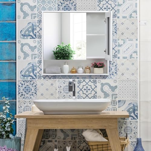 ALIMORDEN Medicine Cabinet with Mirror and Shelves, Bathroom Wood Wall Cabinet Over The Toilet, Vanity, Recessed or Surface Mount, 30.07 Inch x 30 Inch, White - color: White