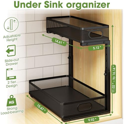 Under Sink Organizer 2-Pack, Metal 2-Tier Pull-Out Cabinet Shelf with Slide-Out Mesh Drawers, Height Adjustable, Space-Saving Under Sink Storage Racks for Kitchen, Bathroom, Laundry Room - color: Black