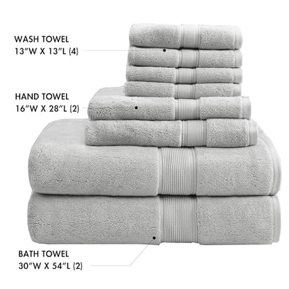 Madison Park 800GSM 100% Cotton Bathroom Bath Towel Set of 8, Silver | Long Staple, Highly Absorbent, Durable Hotel Spa Quality, Quick Dry, Double Stitched Hems, Lint Reducing, OEKO-TEX Certified - color: Silver, size: Multi-Sizes