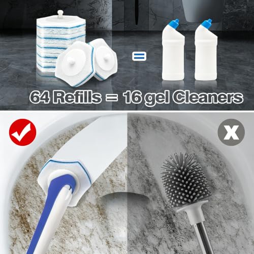 JEHONN Disposable Toilet Brush with 64 Wand Cleaner Refills, Wall Mounted Toilet Bowl Brush Holder Set, Bathroom Cleaning System for Sink Bathtub Wash Basin (Blue)