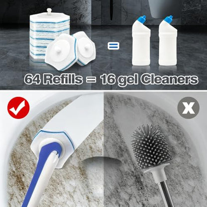 JEHONN Disposable Toilet Brush with 64 Wand Cleaner Refills, Wall Mounted Toilet Bowl Brush Holder Set, Bathroom Cleaning System for Sink Bathtub Wash Basin (Blue)