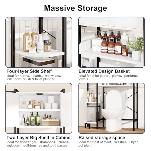 K2 Heavy Duty 7-Tier Over The Toilet Storage Cabinet（With Magnetic Doors & Adjustable Feet）Freestanding Above Toilet Shelf，Space Saver Bathroom Organizer 9.3"D x 31.5"W x 67.2"H，Beige White - color: White