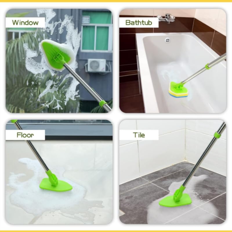 Long Handle Scrub Brush for Shower, 4-in-1 Cleaning Brushes with 4 Different Function Cleaning Heads Brush and Floor Squeegee Shower Cleaner Brush Mini Mop