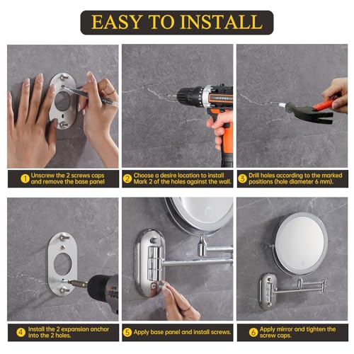 FUNTOUCH 5000mAh Rechargeable Wall Mounted Makeup Mirror with Lights 3X/20X | Double Sided Magnifying,3 Color Lights,Touch Dimmable, Extended Arm 360 Rotation Lighted Bathroom Mirror with Magnification - color: Chrome