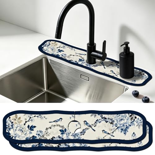 2 Pcs Irregular Shape Kitchen Sink Splash Guard Faucet Mat Flower and Bird Painting Pattern Faucet Mat for Sinks Chinese Style Absorbing Drying Mats for Kitchen Bathroom, 23.6x5.5inch - color: Flower and Bird