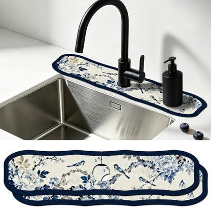 2 Pcs Irregular Shape Kitchen Sink Splash Guard Faucet Mat Flower and Bird Painting Pattern Faucet Mat for Sinks Chinese Style Absorbing Drying Mats for Kitchen Bathroom, 23.6x5.5inch - color: Flower and Bird