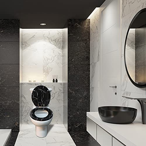 Angel Shield Marble Toilet Seat Durable Molded Wood with Quiet Close,Easy Clean，Quick-Release Hinges (Round,Black Marble) - color: Black Marble-Round, size: Round-16.5“