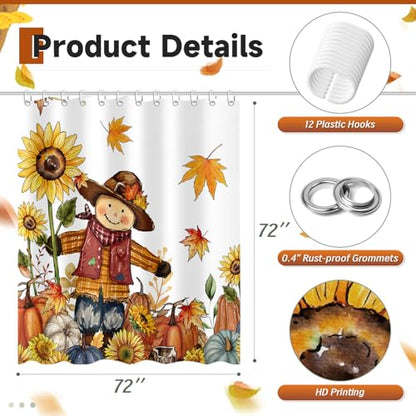 Scarecrow Pumpkin Harvest Shower Curtain Fall Bathroom Curtain Set 72"x72" | Autumn Thanksgiving Home Decor Waterproof Polyester Fabric with Hooks - color: Scarecrow
