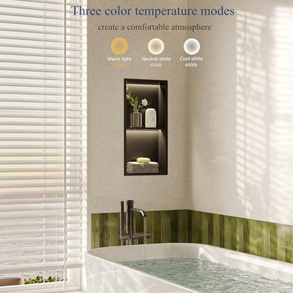 Matte Black 2-Tier 3 CCT LED Niche, 12"x24" No-Tile Shower Storage | shower niche with 3-Temperature LED Strip Light (4000K/6000K/3000K),Waterproof, Sturdy&Durable,304 Stainless Steel Wall Niche - color: Matte Black, size: 12X24In