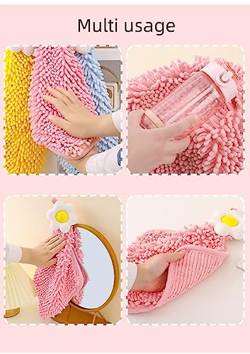 Ivymei 3 Pack Cute Flower Chenille Hand Towels Fuzzy Hanging Hand Towels with Loop for Kitchen Bathroom,Soft Absorbent Hand Bath Towels,Quick Dry(Yellow Pink Blue) - color: Yellow Pink Blue