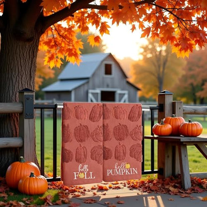 2 Pack Fall Hand Towel Jacquard Embroidered Cotton Kitchen Towels Farmhours Thankful Bath Towels Set Thanksgiving Bathroom Decor (Red Hello Fall, 2*Hand Towel) - color: Red Hello Fall