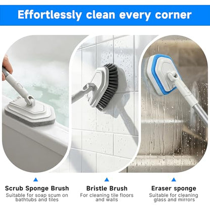 Tile Tub Scrubber Brush with Different Function Cleaning Heads and No Scratch Shower Scrubber for Bathroom Toilet Wall,Bathtub,Sink, and 10 Pack Magic Sponges Eraser(Gray) - color: Gray
