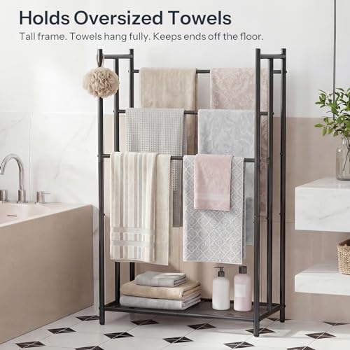 HOOBRO Free Standing Towel Rack for Bathroom, 25.2" L x 11.4" W x 39.4" H, 3-Tier Blanket Rack Stand with Bottom Mesh, Freestanding Quilt Stand with Adjustable Feet, Industrial Style, Black BK09LB01