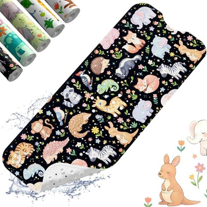 Baby Bath Mat for Tub Non Slip Kids, BPA Free Extra Long Bathtub Mat 40x16 with Drain Holes and 200 Suction Cups, Non Toxic Machine Washable Toddler Bath Mat, Eco-Friendly Certified - color: P-black Animal Collection
