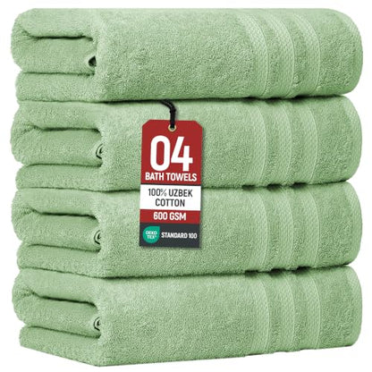 Bath Towels Set of 4 Extra Large Towels set 30x60 In, 100% Uzbek Cotton 600 GSM Oeko-TEX, Larger & Lighter Weight Quicker to Dry, Super Soft and Absorbent, Perfect for Bathroom- Sage Green - color: Sage Green