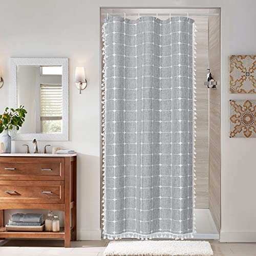 Boho Farmhouse Classic Plaid Linen Tassel Shower Curtain Taupe,36x72 | Small Stall Half Size,310GSM Linen Blend Heavy Duty Cloth,3-side Tassels,Wrinkle Resistant,Rustic Bohemian Country design - color: Grey, size: 36"W x 72"L (Pack of 1)