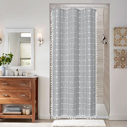 Boho Farmhouse Classic Plaid Linen Tassel Shower Curtain Taupe,36x72 | Small Stall Half Size,310GSM Linen Blend Heavy Duty Cloth,3-side Tassels,Wrinkle Resistant,Rustic Bohemian Country design - color: Grey, size: 36"W x 72"L (Pack of 1)