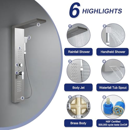 ROVATE 4 in 1 Rainfall Shower Panel Tower with Powerful Body Jets, Brushed | High Pressure Stainless Steel Shower Column with Flexible Handheld, Waterfall Tub Spout, Adjustable Waterflow - color: Brushed Finish