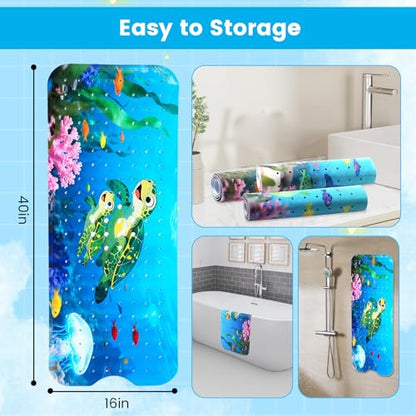Kids Bathtub Mat Non Slip, 40 * 16in, Bath Mat for Tub, Turtle Design | Anti-Slip, machine washable, Eco Friendly, Funny Design, - color: Dark Blue