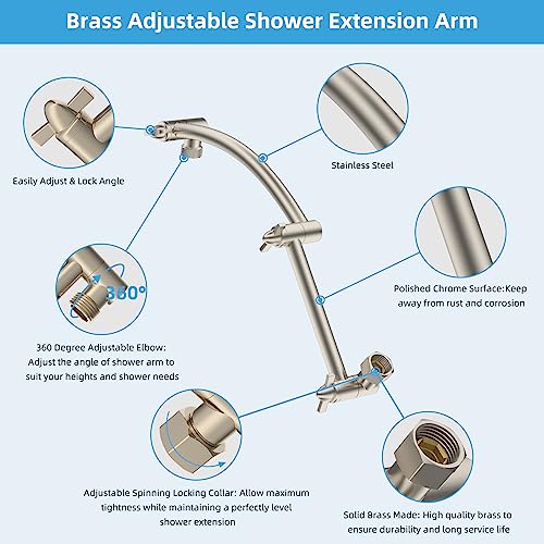 Hibbent Shower Head Extension Arm,16" Solid Brass Adjustable Extender with Lock Joint, Standard 1/2", Rise or Lower Rainfall and Fixed Shower Head,Height/Angle Adjustable Extension Arm, Brushed Nickel | Solid Brass Adjustable Shower Arm with Lock Joint, F