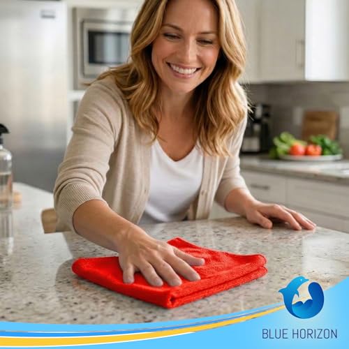 Blue Horizon Microfiber Cleaning Towels, Pack of 24, Ultra Soft Plush Washcloth, All Purpose Premium Microfiber Detailing Cleaning Cloths Reusable Shop Towels (16" x 16", Red) - color: Red