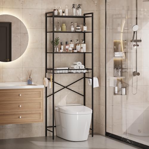 Gizoon Over-The-Toilet Storage Rack with Adjustable Shelf and Basket, 4-Tier Freestanding Space Saver Bathroom Shelves Above Toilet for Room - color: Dark Brown