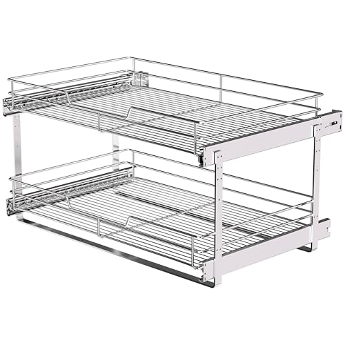 2-Tier Pull Out Cabinet Organizer, 26" W x 22" D, Chrome | Heavy-Gauge Wire Slide Out Shelves, 100 lbs Capacity, Ball-Bearing Glides, Min 27" Opening, Under Stove Storage - size: 26 x 22 Inch