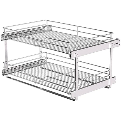 2-Tier Pull Out Cabinet Organizer, 26" W x 22" D, Chrome | Heavy-Gauge Wire Slide Out Shelves, 100 lbs Capacity, Ball-Bearing Glides, Min 27" Opening, Under Stove Storage - size: 26 x 22 Inch