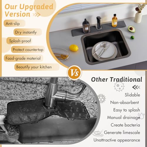 Kitchen Faucet Absorbent Mat with U-Shape Hole, 23.6" Diatomaceous Earth Splash Guard for Sink Faucet, Aesthetic Water Absorbing Stone Tray Draining Mat for Modern Home, Gift for Girlfriend, Dark Grey - size: 23.6" x 3.9"
