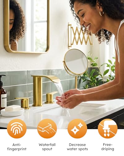 WOWOW Waterfall Bathroom Faucet 3 Holes 8Inch Widespread Bathroom Sink Faucet, Two Handles Lavatory Vanity Sink Faucets with Pop-up Drain & Supply Hoses, Modern Faucet Mixer Taps Gold - color: Gold